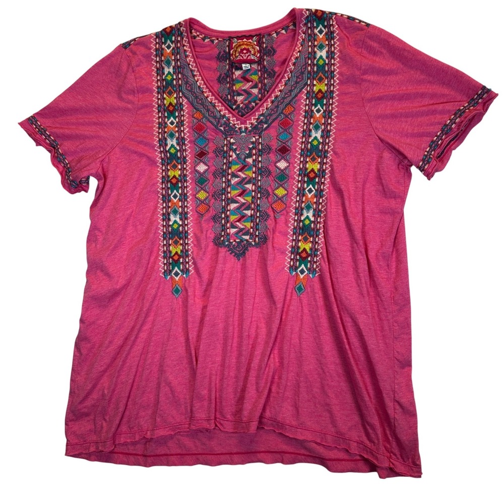 Johnny Was Pink Embroidered V-Neck Short Sleeve Tee Top 2X Boho Floral Hippie